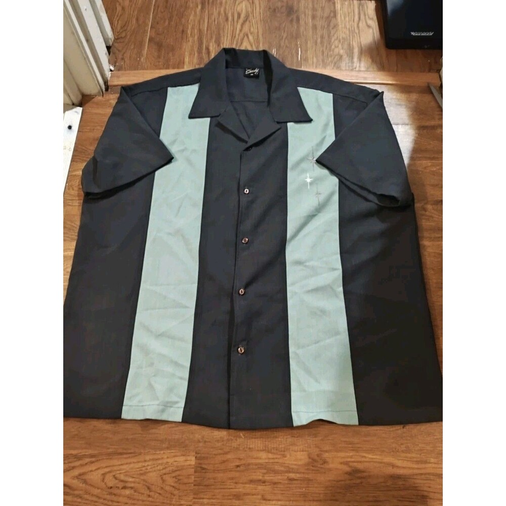 Steady Classic Men's Gray & Green Bowling Shirt Stars Embroidered 2XL